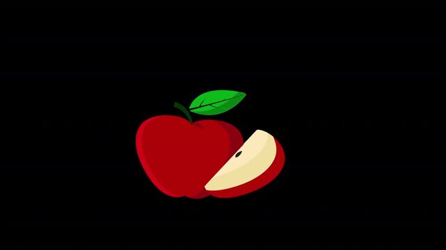 Animated red delicious apple and slice icon, clean design ideal for health apps, food delivery services, and education in alpha channel 