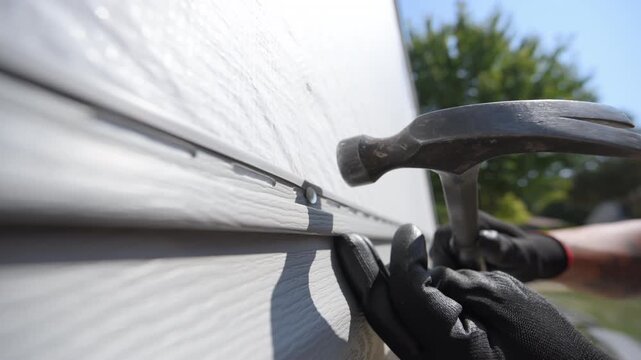 A worker nailing a plastic panel siding on the outside wall of the residential house