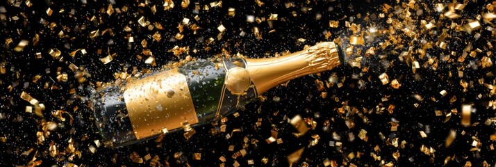 Champagne Bottle Bursts With Golden Confetti Celebrating a Special Occasion at Night
