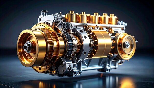 A detailed close-up of a machine engine, showcasing a intricate network of metallic components. Gold accents add visual interest and luxury