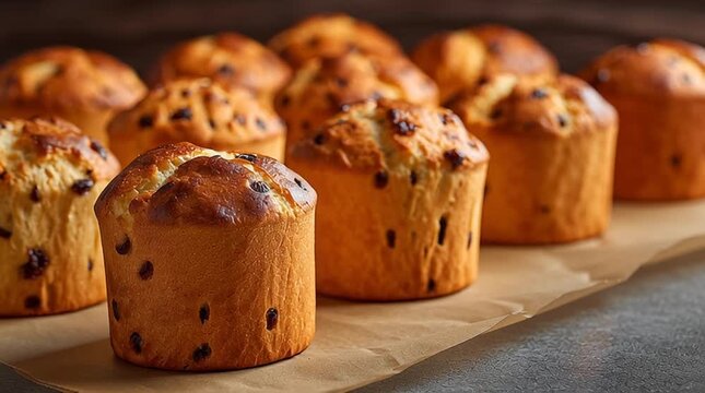Close up of several baked sweet breads with dark raisins on a brown paper surface and dark background
