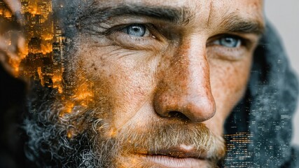 Obraz premium Charismatic man with blue eyes and beard in double exposure with city lights, urban night, intense expression