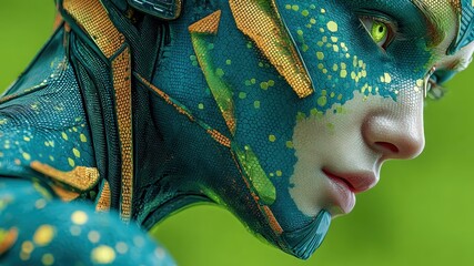 Striking portrait of iridescent human with futuristic cybernetic features, green and gold skin, intense gaze, and detailed texture