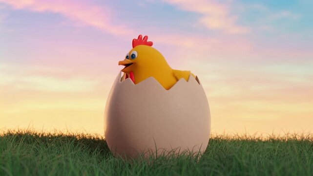 Cute chicken cartoon hatching from egg on sunny farm morning scene