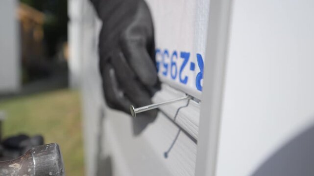 Worker hummers a nail into plastic panel siding on the outside wall of the residential house