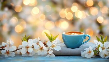 Coffee & blooms on wood, dreamy bokeh background