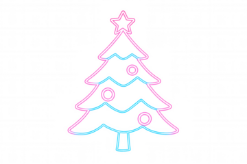 Stylized christmas tree glowing with pink and blue neon lights, featuring festive baubles and a star, on transparent background