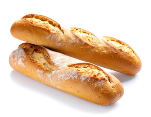 Two baguettes stacked, light golden brown crust, and pale interior