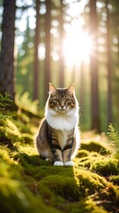 Obraz premium A fluffy tabby cat sits in lush green moss, bathed in sunlight filtering through a serene, vibrant forest. Its gaze is towards the viewer