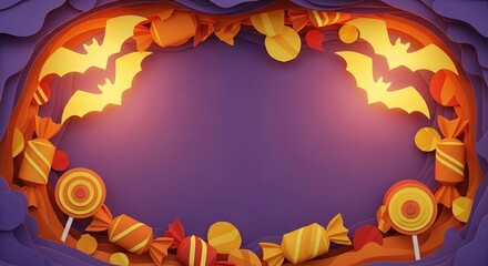 A festive Halloween frame made of paper cutouts with glowing bats and sweet candy.