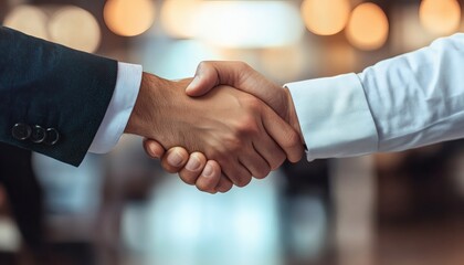Two individuals in business attire are shaking hands against a blurred background of warm lighting.