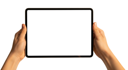 Hands holding a tablet device with a blank gray screen isolated on transparent background