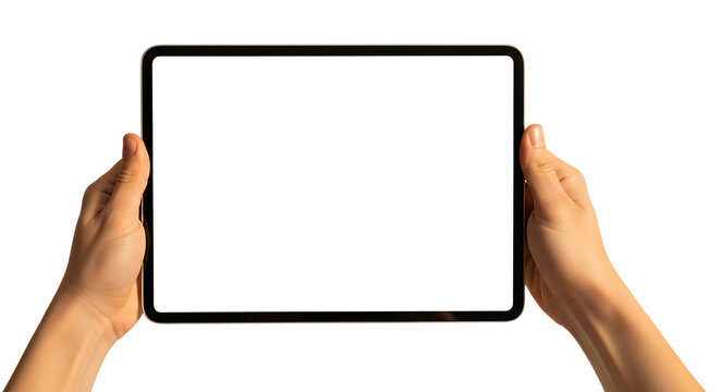 Hands holding a tablet device with a blank gray screen isolated on transparent background