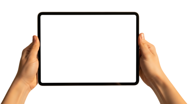 Hands holding a tablet device with a blank gray screen isolated on transparent background