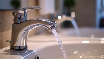 The image shows a metallic faucet with water running from the spout into a white basin sink.