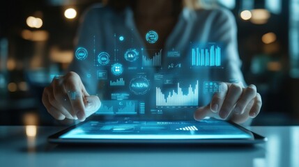 Analyzing data trends business office digital display modern workspace close-up data visualization insights