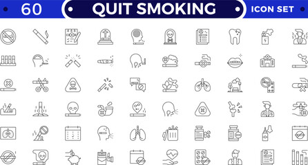 Quit Smoking outline icons. Includes stop, no smoking, tobacco, nicotine, addiction, danger, cancer, and health risk pictograms. Modern outline set for awareness, warning, and prohibition themes.
