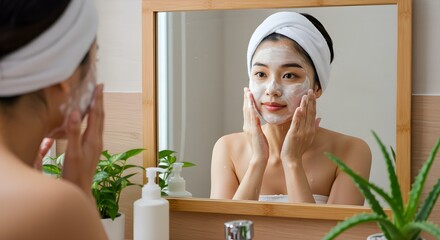 Asian woman applying face mask in bathroom skincare routine wellness.