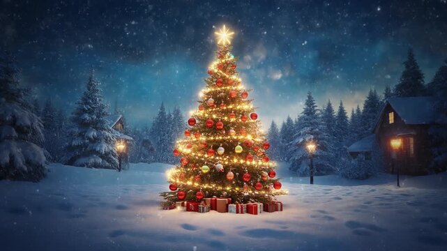 Cozy Illuminated Christmas Tree in Snowy Winter Village at Night.
