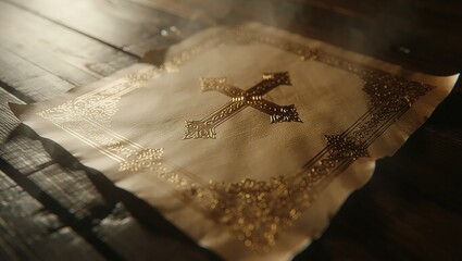 Ancient treasure map with a golden cross on a wooden table.