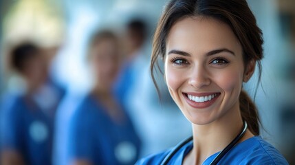 Healthcare professional smiling hospital environment portrait photography bright atmosphere close-up view medical care concept