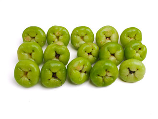 A group of fresh green water apple fruits isolated on white background.