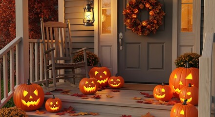 Halloween pumpkins glowing on a porch with a wreath and rocking chair at twilight