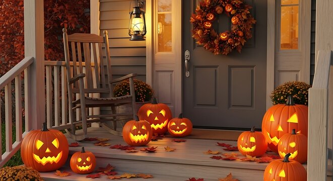 Halloween pumpkins glowing on a porch with a wreath and rocking chair at twilight