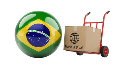 Brazilian flag sphere and cargo box on hand truck representing logistics and delivery services isloted on transparent background