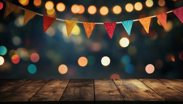 A string of colorful triangular flags hangs above a dark brown wooden surface, with blurred bokeh lights in the background.