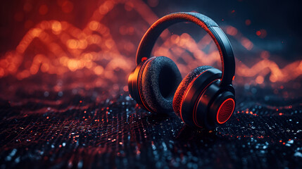 Futuristic 3D Headphones and Sound Waves Depicting Digital Sound Technology