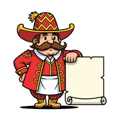 Cartoon mascot of a man in a traditional red coat and hat holding a blank parchment scroll.