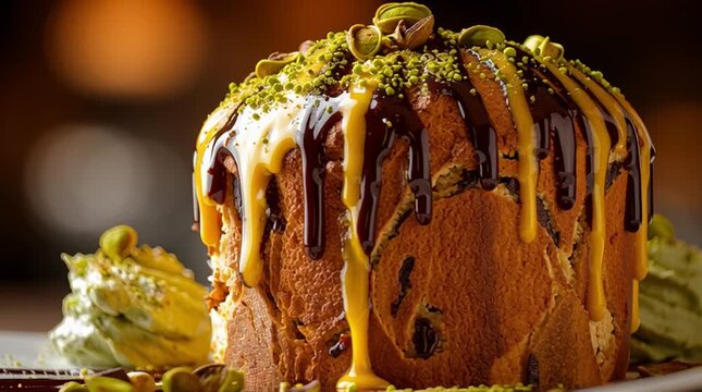 Close up of a panettone with chocolate and yellow sauce and pistachio cream on a white plate