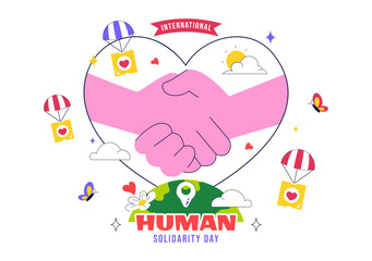 International Human Solidarity Day Vector Illustration Featuring Earth, Hands, and Love Symbols Representing Unity, Help, and Support for People