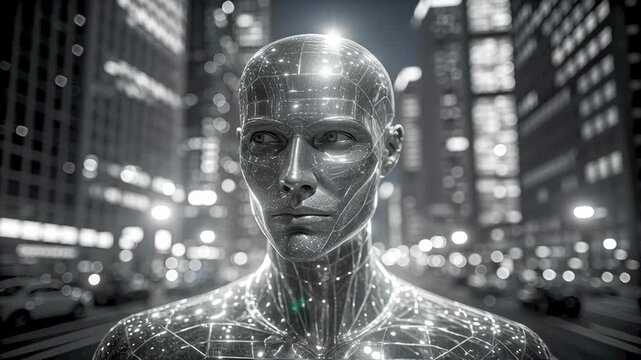 Futuristic humanoid robot with glowing digital and circuit patterns stands confidently vibrant city night, evoking innovation, technology