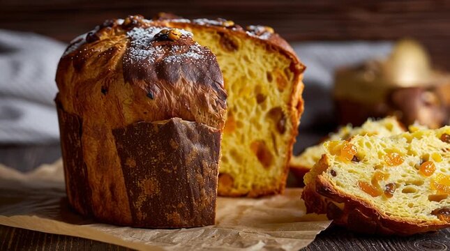 Close up of a sliced panettone bread with candied fruit on brown paper and a wooden table top