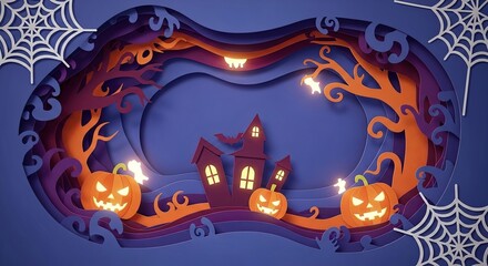 A spooky Halloween landscape with a haunted house, glowing jack-o'-lanterns, and spiderwebs in a layered papercraft style.
