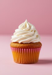
Single ice cream cone on pastel background, summer treat concept.