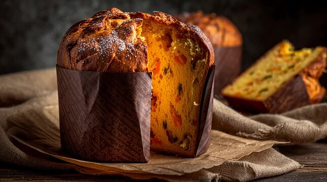 Close up of sliced panettone with candied fruits on a wooden table with a linen cloth and dark background
