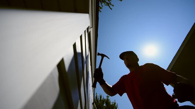 Worker hummers a nail into plastic panel siding on outside wall of the house against bright blue sky