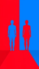 Two figures, one blue, one red, on a red and blue background
