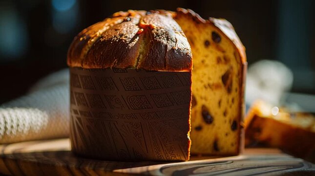 Close up of sliced panettone cake with raisins on a wooden board in soft lighting condition