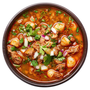 Hearty pozole rojo soup with pork, hominy, and garnishes in dark bowl, isolated on white background