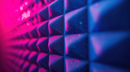 Soundproof room wall with acoustic foam and pink-blue lights