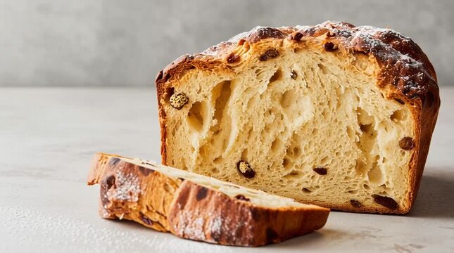 A loaf of raisin bread with a slice cut off showing the texture and raisins on a white surface