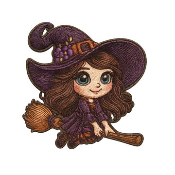 Cute flying child witch cartoon embroidery design