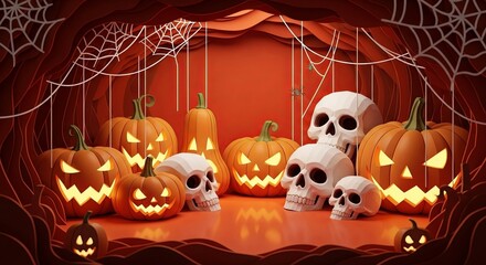 A spooky Halloween diorama featuring glowing jack-o'-lanterns and geometric skulls surrounded by cobwebs.