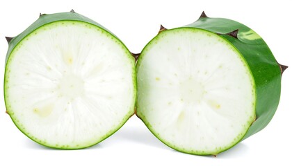 Two halves of a spiky green fruit