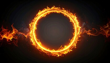 Fototapeta premium A glowing circle of fire surrounded by smoke. The image has a dark background that enhances the bright flames