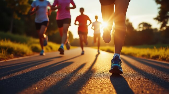 teen leadership sports concept. Running group in sunset light on a scenic road.